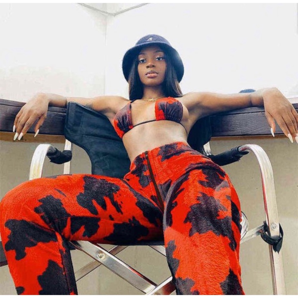 Cow print zipper velvet stacked pants
